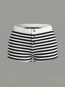 SHEIN 少女休闲条纹针织修身短裤 - 黑與白 - 查看 3