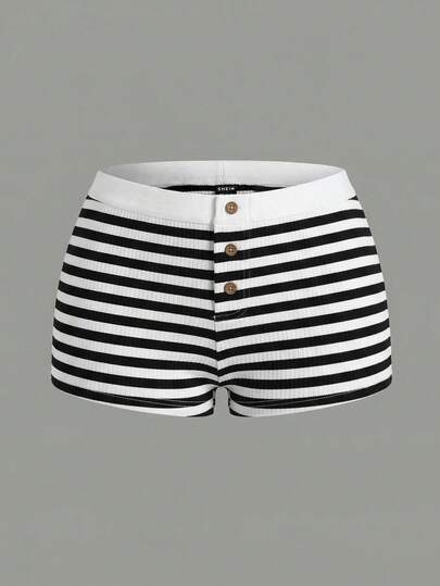 SHEIN 少女休闲条纹针织修身短裤