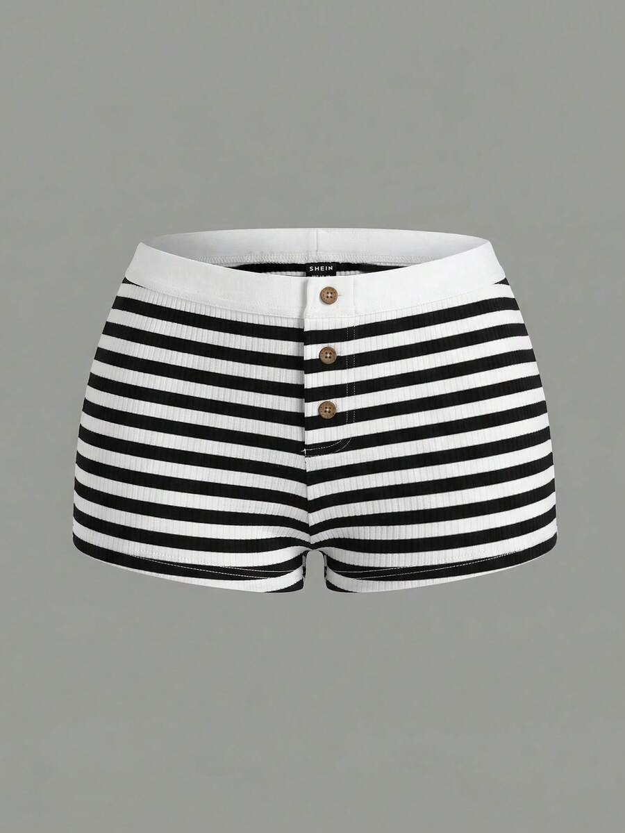 SHEIN Tween Girls' Casual Striped Knit Fitted Shorts - Black and White - View 1