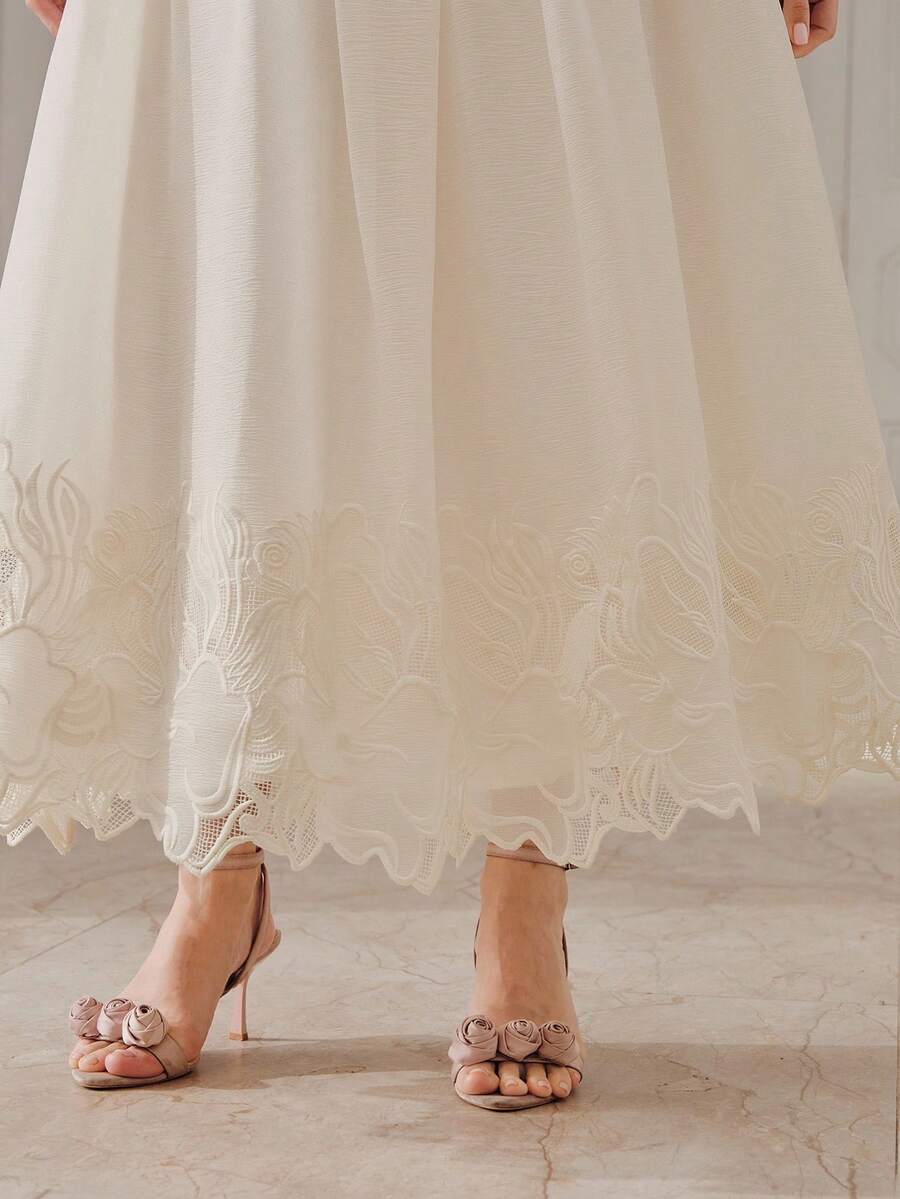 Anewsta Spring/Summer New Elegant Valentine's Day Beach Vacation Casual High Waist A-Line Lace Embroidered Women Long Pants & Skirt - Apricot - View 1