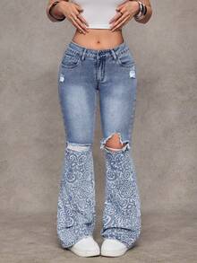 Jeanoix 女士Y2K时尚做旧印花水洗喇叭牛仔裤 - 淺色水洗藍 - 查看 7