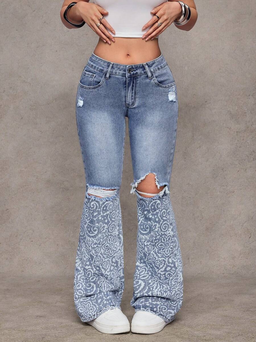 Jeanoix 女士Y2K时尚做旧印花水洗喇叭牛仔裤 - 淺色水洗藍 - 查看 1