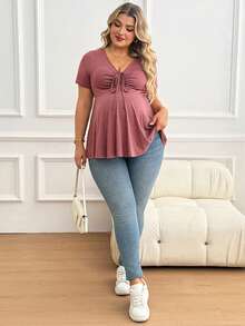 Plussiva 大码孕妇V领抽绳打结休闲短袖上衣 - 粉色 - 查看 6