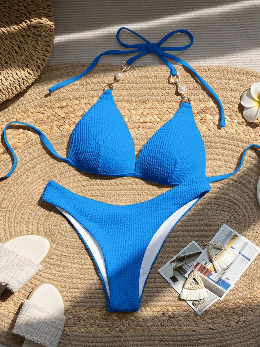 SHEIN Swim 女士夏季沙滩纯色吊带系带性感比基尼泳衣套装 - 藍色 - 查看 1