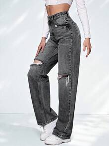 SHEIN ICON Quần jeans ống loe rách dáng casual dành cho nữ với túi xéo. - màu đen - Xem 3