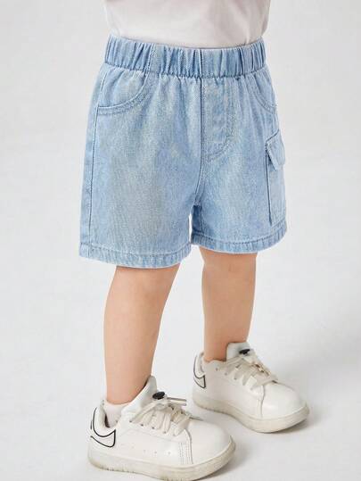 Genkimix Kids 男婴休闲牛仔短裤，春夏款，浅蓝色牛仔布，3D立体口袋设计，直筒裤型，面料柔软舒适，适合上学、通勤和日常外出穿着。