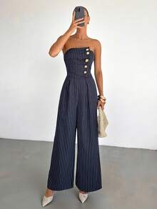 Siren Gaze 海军蓝条纹无肩带阔腿连体裤，抹胸式金属装饰女士连体裤，适合通勤、办公、返校、教师装，不对称女士连体裤 - 藏蓝色 - 查看 7