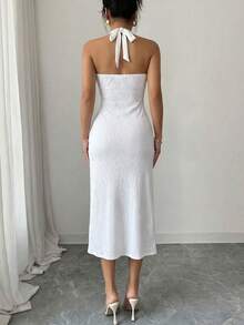 Elenzga Women's Elegant V-Neck Halter Textured Knit Splice Lace Trim Bodycon Fishtail Dress For Vacation Resort Wear Women Vacation Dress Regular Size Women Dress Formal White Dresses For Ladies Special Occasion White Outfits For Women Elegant Party New Arrival Women Dress - White - View 2