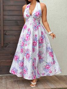 Sunnyshic Plus Size Elegant Vacation Rose Floral Embroidered Halter Dress, Spring/Summer - Pink - View 6