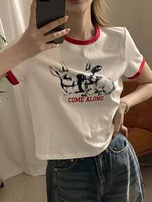 DAZY 女士撞色滚边圆领短袖可爱兔子印花T恤 - 白色 - 查看 8