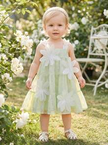 SHEIN Vintaside Kids Baby Girl Cute Bow Strap Dress, Summer - Green - View 11