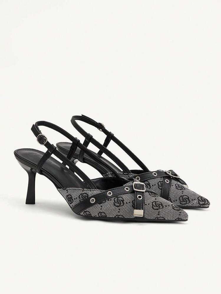 CUCCOO CHICEST Women Shoes 2026 Summer And Autumn Vintage Printed Metal Buckle Pointed Toe Thin Heel 7.2cm Sexy Wind Canvas Black Brown Closed Toe Women's High Heel Sandals Commuter Dating Women's High Heel Shoes Wedding Shoes Summer Shoes Bride Shoes