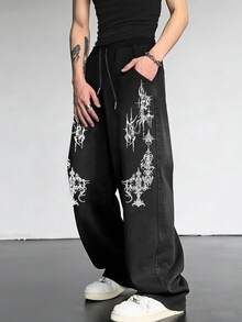 Sport MetroGents Men's Cross Pattern Drawstring Waist Pocket Wide Leg Sports Pants - Black - View 1