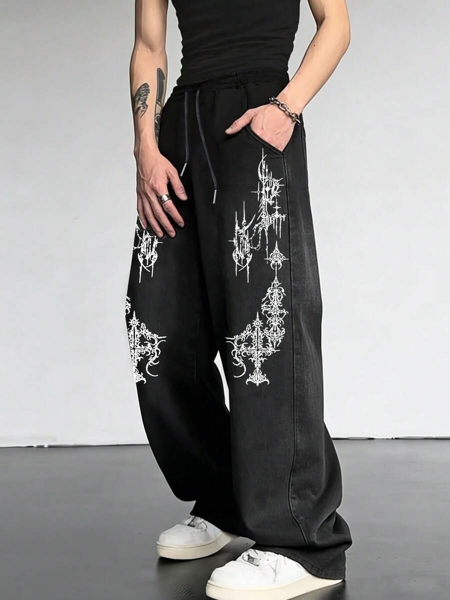 Sport MetroGents Men's Cross Pattern Drawstring Waist Pocket Wide Leg Sports Pants - Black - View 1