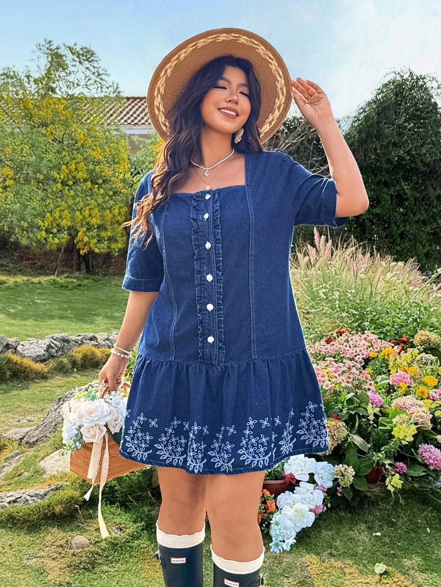 Breezaya 大码女式水洗牛仔印花连衣裙 - 深色水洗藍 - 查看 1