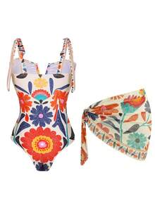 Swim Oasis Women's New V-Neck Printed One-Piece Swimsuit With Ruched Skirt, Slim Fit Two Pieces Set, Spring/Summer - Multicolor - View 2