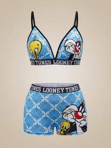 LOONEY TUNES X SHEIN Bộ đồ lót nữ in hình hoạt hình, kiểu dáng thường ngày. - Màu xanh lam - Xem 7