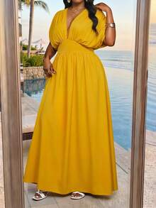 SHEIN Lady CURVE 大码女式深V领褶皱腰身优雅派对连衣裙 - 黃色 - 查看 6