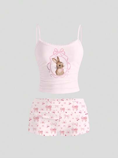 ROMWE Kawaii 可爱兔子蝴蝶结荷叶边吊带背心和短裤两件套，性感学院风，适合春夏穿着