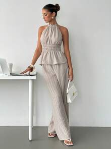 Siren Gaze Women's Light Beige Striped Halter Two Piece Set,Smocked Peplum Top & High Waist Wide Leg Pocketed Pants,Linen Summer Elegant Vacation Co-Ord - Apricot - View 2