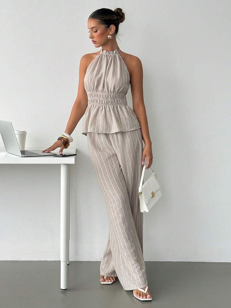Siren Gaze Women's Light Beige Striped Halter Two Piece Set,Smocked Peplum Top & High Waist Wide Leg Pocketed Pants,Linen Summer Elegant Vacation Co-Ord