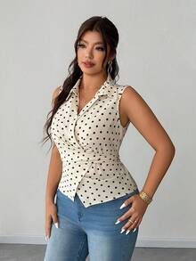 Elenzga Plus Size Women's Beige Summer Elegant Office Polka Dot Sleeveless Collared Shirt,Twist Tie Waist Fitted Short Top,Retro French Smooth Fabric - Multicolor - View 3