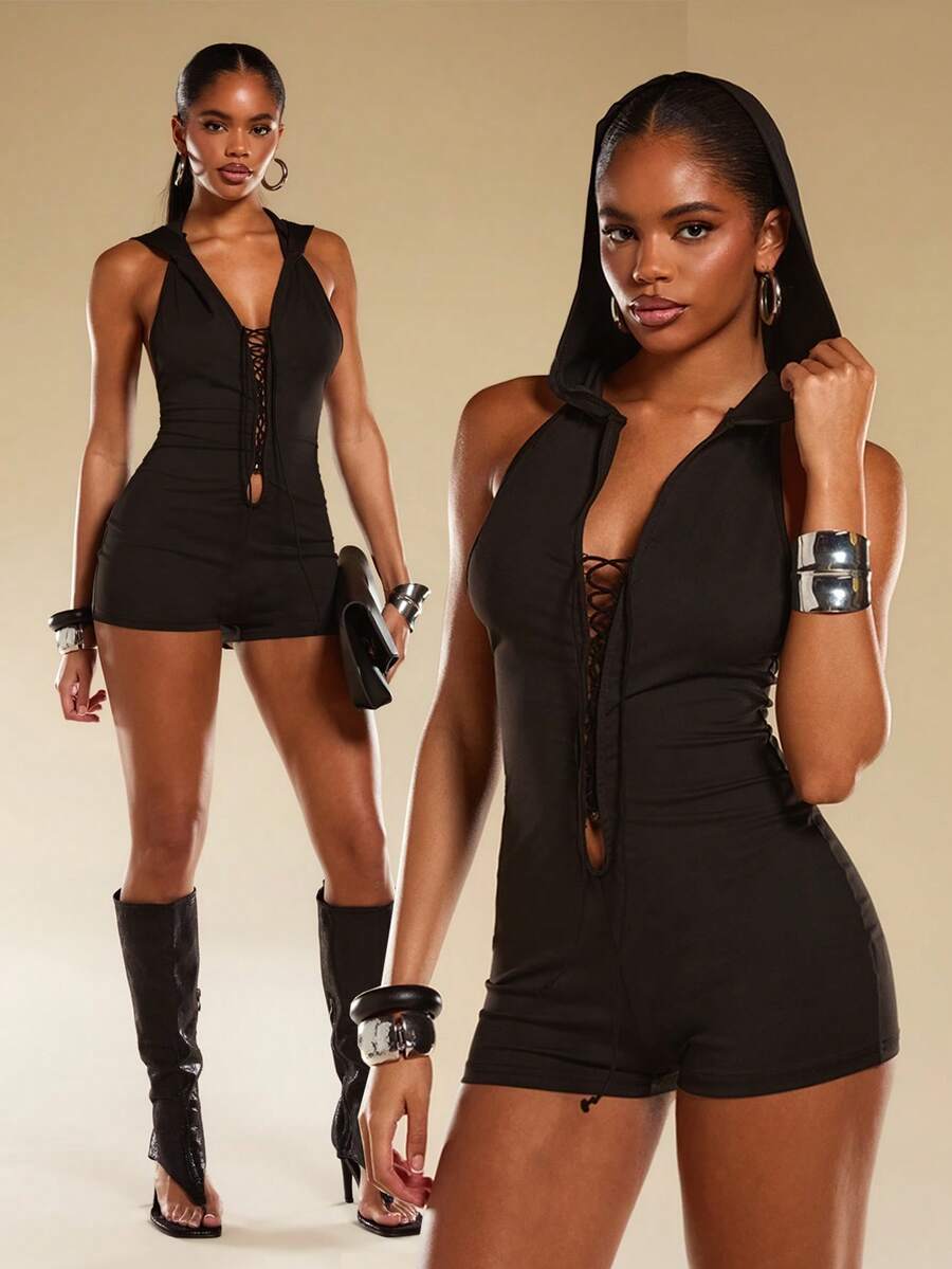 Normani Women's Sexy Criss-Cross Backless Hooded Romper, Summer - Black - View 1