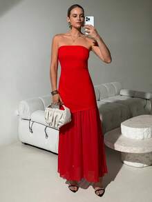 Lavishia Strapless Chiffon Patchwork Elegant Romantic Dress - Fiery Red - View 1