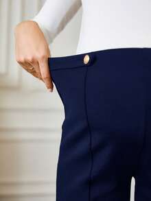 SHEIN Celana Hamil Kasual Serbaguna untuk Perjalanan Sehari-hari dengan Pinggang Tinggi, Warna Polos - Navy Blue - View 6
