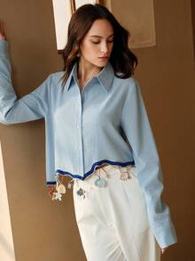 Anewsta Women's New Blue Heavy-Duty Sea Element Crocheted Shirt - Blue - View 2