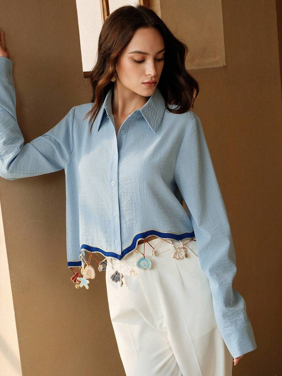 Anewsta Women's New Blue Heavy-Duty Sea Element Crocheted Shirt