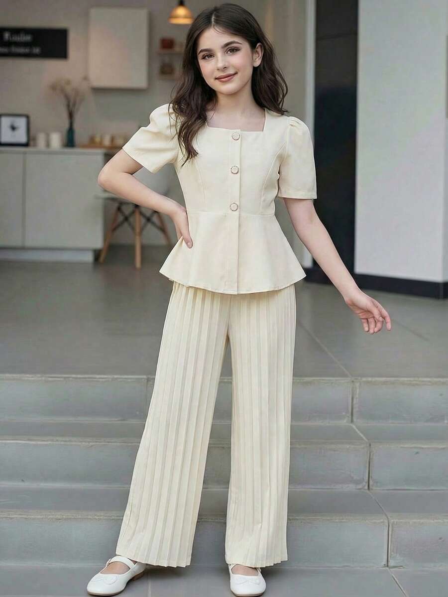 SHEIN 2pcs/Set Girls' Petal Sleeve Blazer Top And Straight Wide Leg Pants Suit - Apricot - View 1