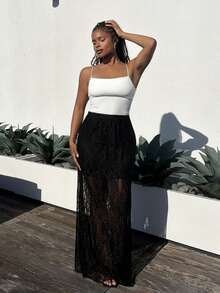 Tyla Gomez 女士性感黑色野花蕾丝拼接轻盈透气长款夏季半身裙 - 黑色 - 查看 1