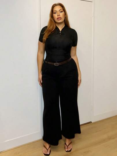 MelDlgn 大码女式休闲直筒裤配腰带