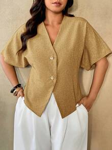 Auralis Camisa de uso diario versátil de talla grande, de unicolor y cuello en V de abotonadura sencilla - Amarillo - Ver 1