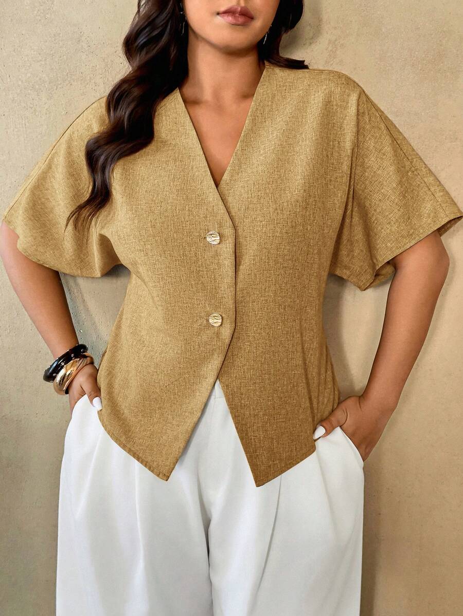 Auralis Camisa de uso diario versátil de talla grande, de unicolor y cuello en V de abotonadura sencilla - Amarillo - Ver 1