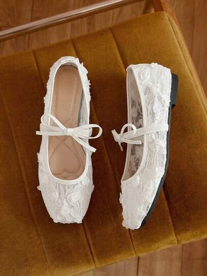 秋冬白色女士平底芭蕾舞鞋，带蝴蝶结装饰和花卉刺绣，黑色透气镂空网眼夏季凉鞋，方头闪光宽版玛丽珍鞋