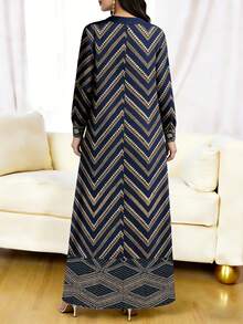 SHEIN Najma 女士标准尺码复古几何花卉印花橄榄绿春秋季时尚纽扣领长袖连衣裙 - 彩色 - 查看 2