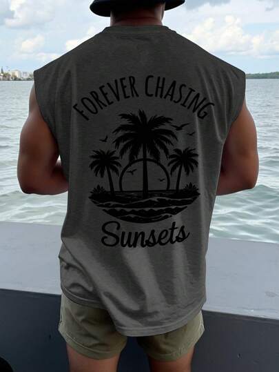 Manfinity RSRT Camiseta de tirantes holgada con estampado de letras y árboles de coco para hombres talla grande, de verano