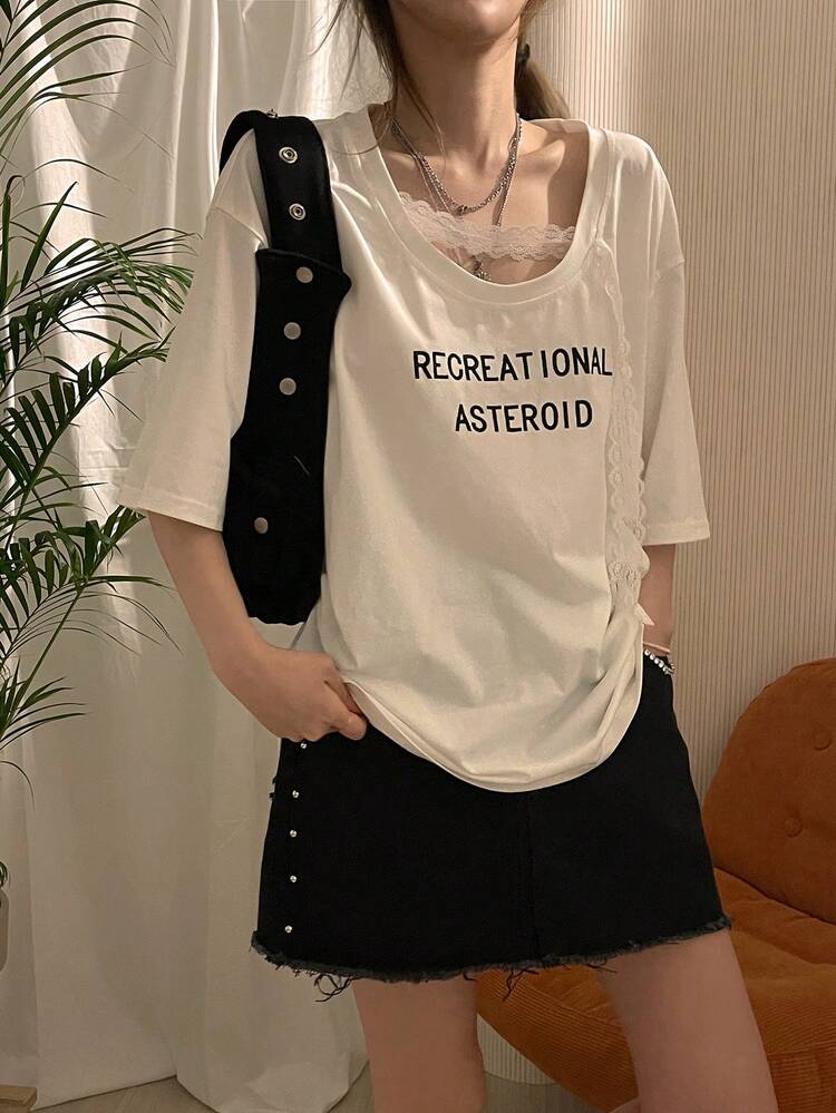 Women's Lace Contrast Color Korean Style Casual Short Sleeve T-Shirt Oversized