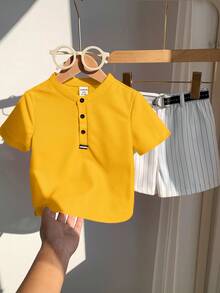 SHEIN 2pcs Baby Boy Summer Casual Red Collar Polo Shirt And White Striped Shorts Set, Suitable For Birthday Party, Rave, Evening Party, Performance, Wedding, Baby Shower And 1st Birthday Celebration - Yellow - View 4