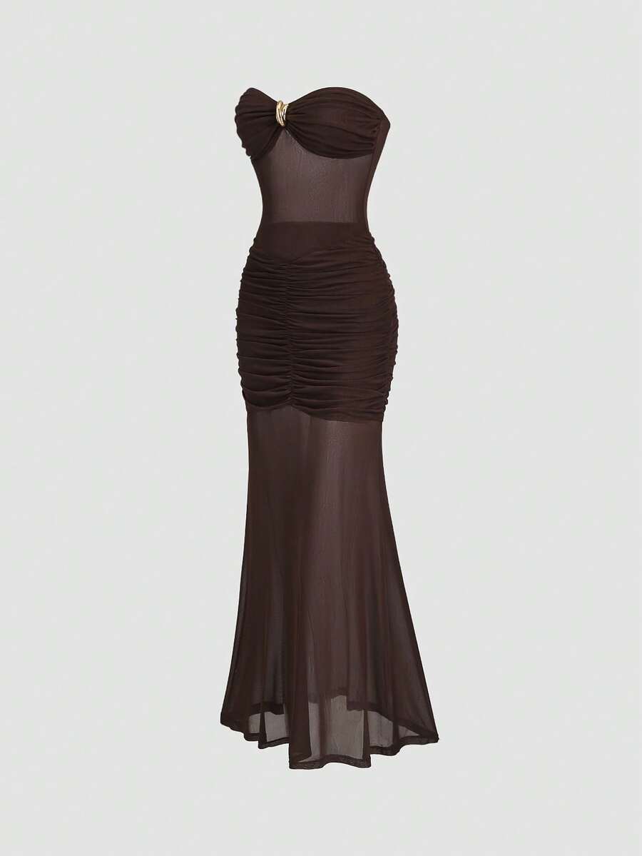 Sweetra New Arrival Spring/Summer Mesh Fabric Dress, Suitable For Vacation Outfit - Brown - View 1