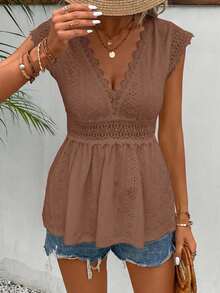 SHEIN Frenchy Áo thun cổ chữ V sâu phối ren, kiểu dáng thường ngày, thích hợp cho kỳ nghỉ hè. - Cà phê nâu - Xem 3