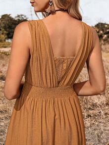 LanaWest Vestido sin mangas de unicolor con volantes en la cintura, estilo occidental para mujer - Caqui - Ver 5
