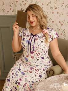 CottageSlumber Purple Floral Digital Print Round Neck Double-Layer Ruffle Trim Bow Tie Soft Comfortable Rib Knit Fabric Flare Sleeve Dress, Can Be Worn As Sleepwear - Purple - View 3