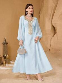 SHEIN Najma Đầm thời trang cổ điển lãng mạn tay phồng họa tiết hoa, thắt eo dành cho nữ - Màu xanh nhạt - Xem 7