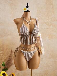 Bellisia Women's Striped Ruched Halter Tie Tankini Top And Triangle Bottoms Swimsuit Set, Suitable For Summer Vacation - Khaki - View 3