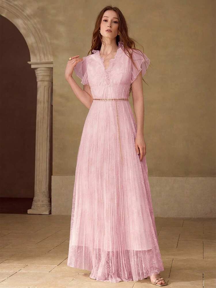 WOMEN'S V-NECK LONG SLEEVE PLEATED DRESS, SPRING/SUMMER