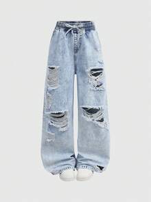 SHEIN 少女时尚休闲 Y2K 复古酷炫街头夏季休闲抽绳腰阔腿牛仔裤，带贴袋，夏季日常穿着最佳，春夏至夏季锐舞音乐节和街头服饰新款 SS26 时尚少女破洞牛仔阔腿牛仔裤 - 藍色 - 查看 4