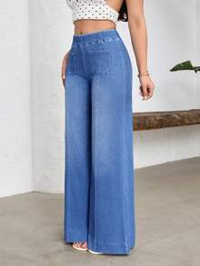 Flexra 女士弹力腰双口袋阔腿宽松休闲牛仔裤 - 藍色 - 查看 6